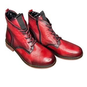 Remonte Womens Red Distressed Leather Lace Up Zipper Ankle Boot Fashion Combat 8